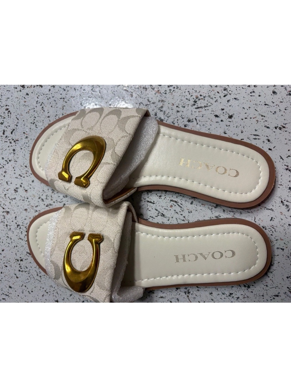 COACH Cream Monogram Slide Sandals with Gold Hardware